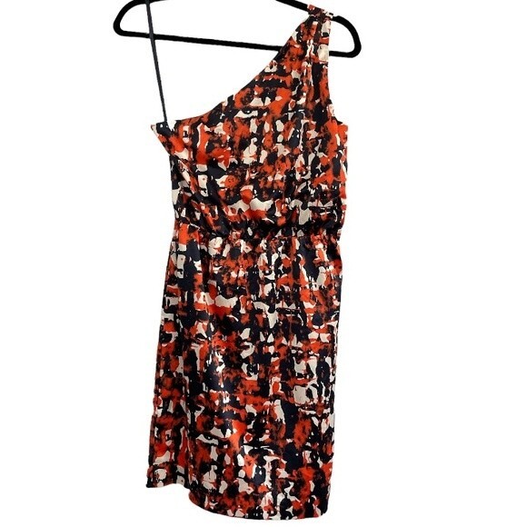 Banana Republic One Shoulder Satiny Bright Fun Abstract Dress Size 4 - Picture 2 of 7